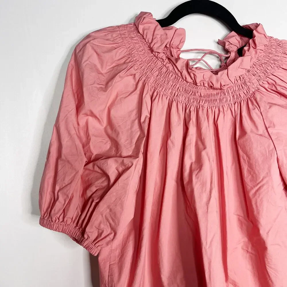J Crew Womens XS Pink Smocked Neck Puff Sleeve Cotton Poplin Top Lace Up Back